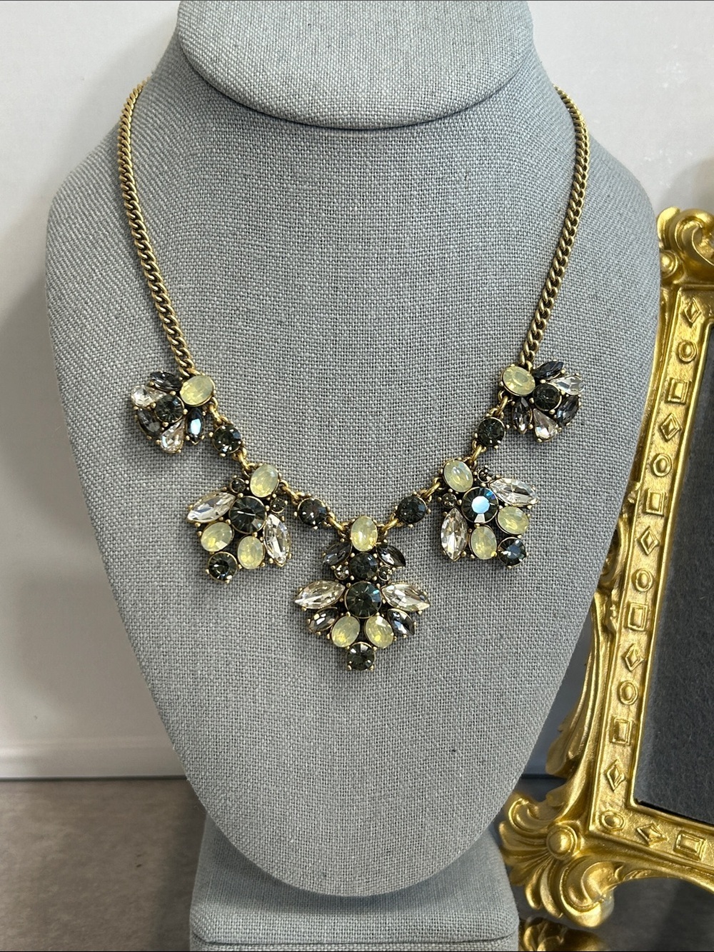 J. Crew Gold-Tone Floral Cluster Necklace with Gray and Green Crystals